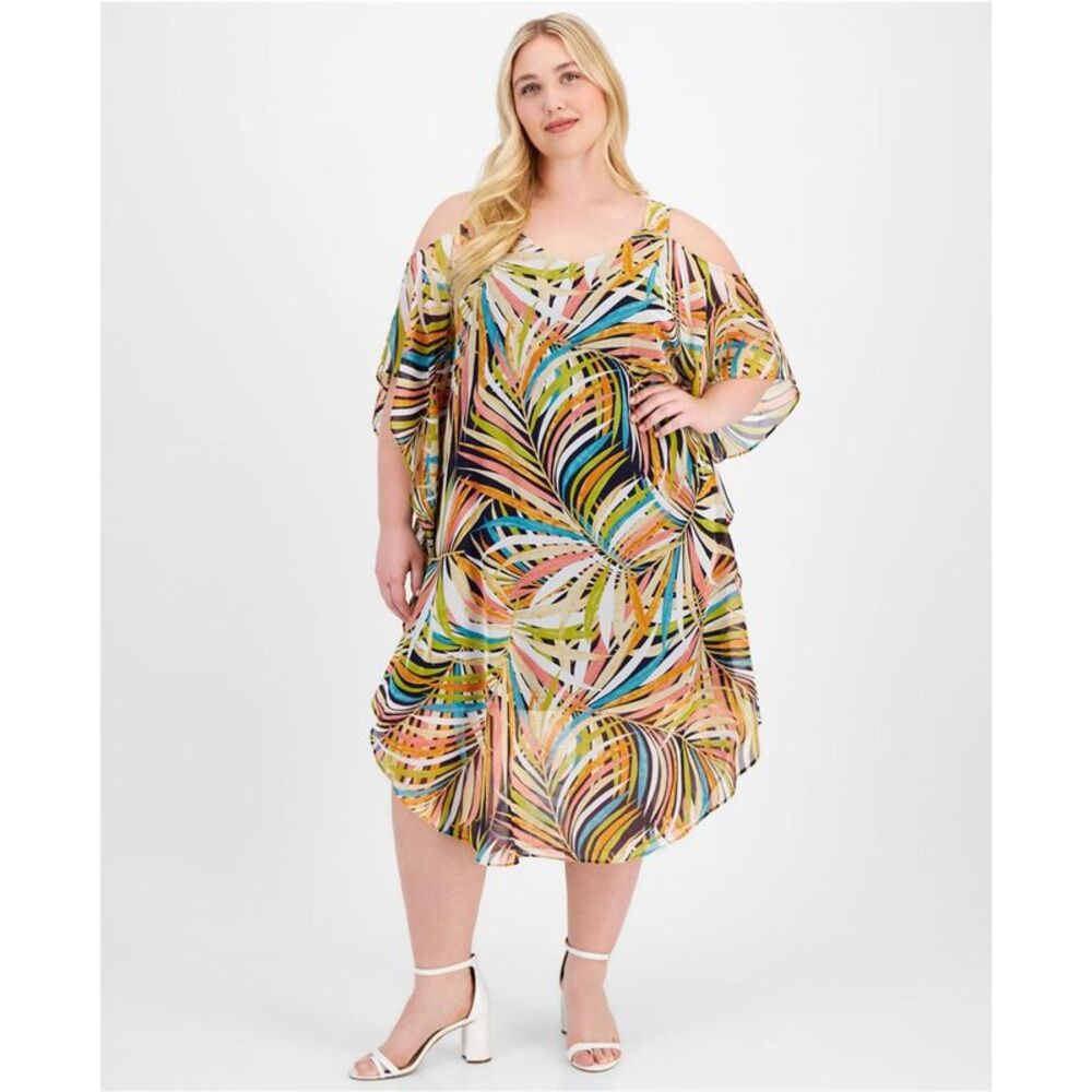 Signature by Robbie Bee Womens Plus Size A-Line Tropical Off-Shoulder Dress,...